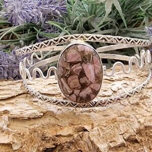 Wide Silver Cuff, Sunset Blush Brownish Pink Agate Cuff Bracelet